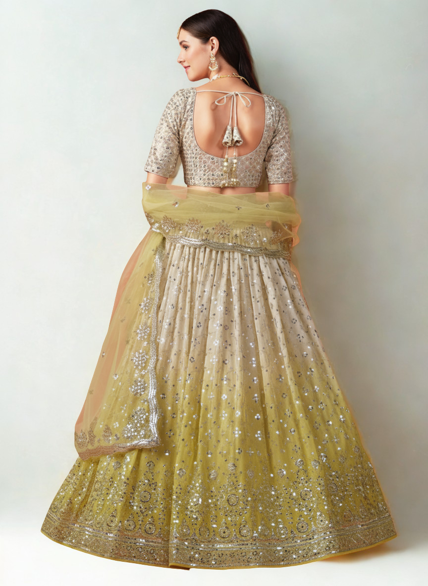 Ready-to-wear Lime Green Ombré Premium Georgette Lehenga with Sequin Work