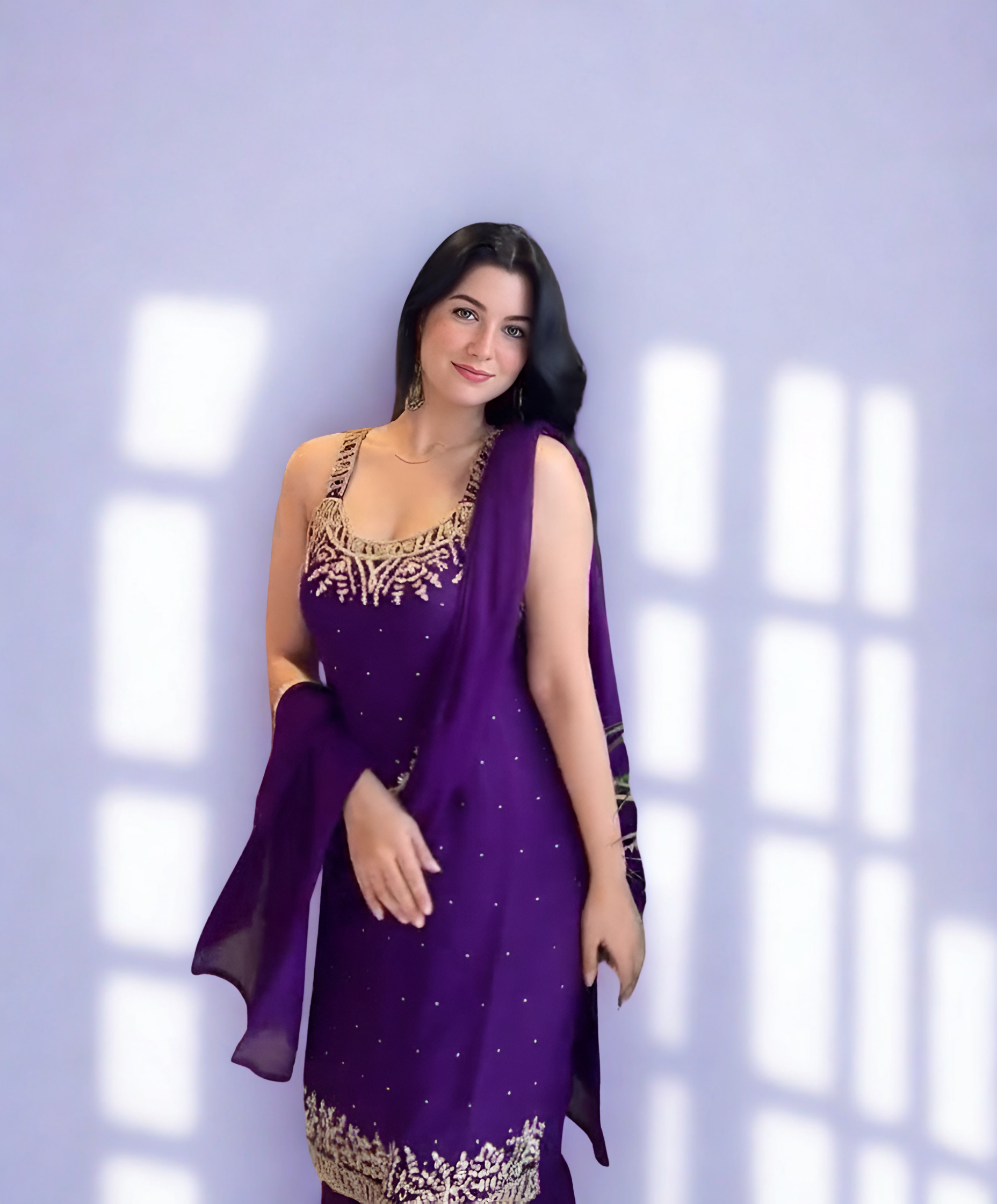 Royal Purple Georgette Palazzo Set with Mirror and Pearl Handwork