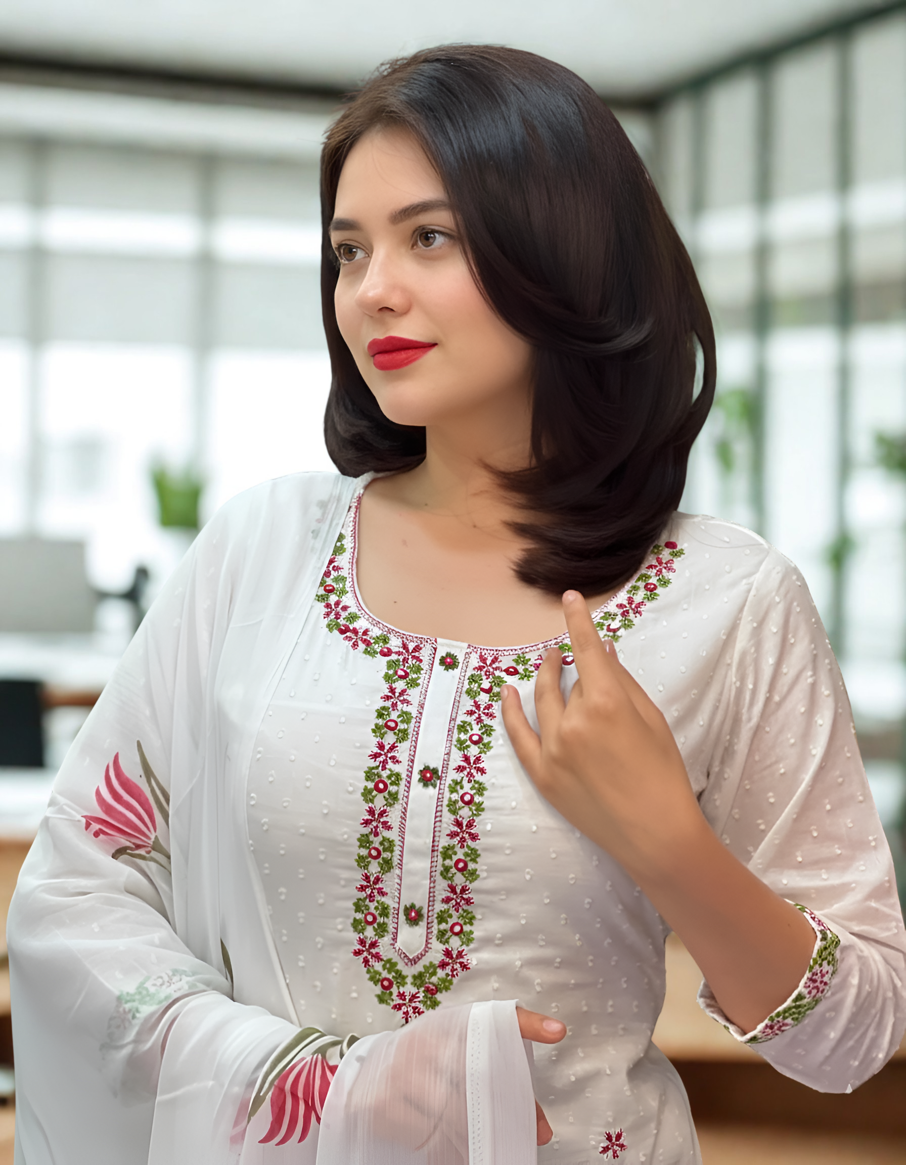 White Georgette Embroidered Kurti Set with Floral Organza Dupatta