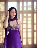 Royal Purple Georgette Palazzo Set with Mirror and Pearl Handwork