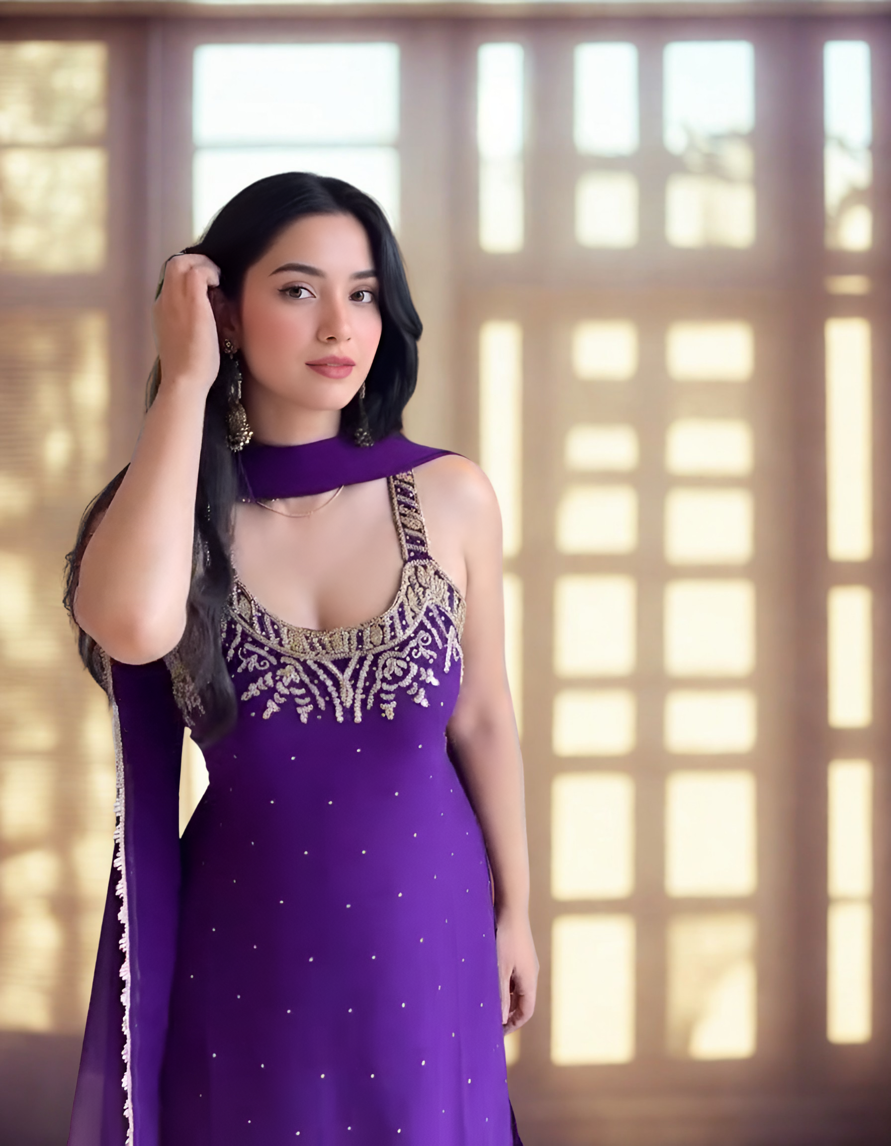 Royal Purple Georgette Palazzo Set with Mirror and Pearl Handwork