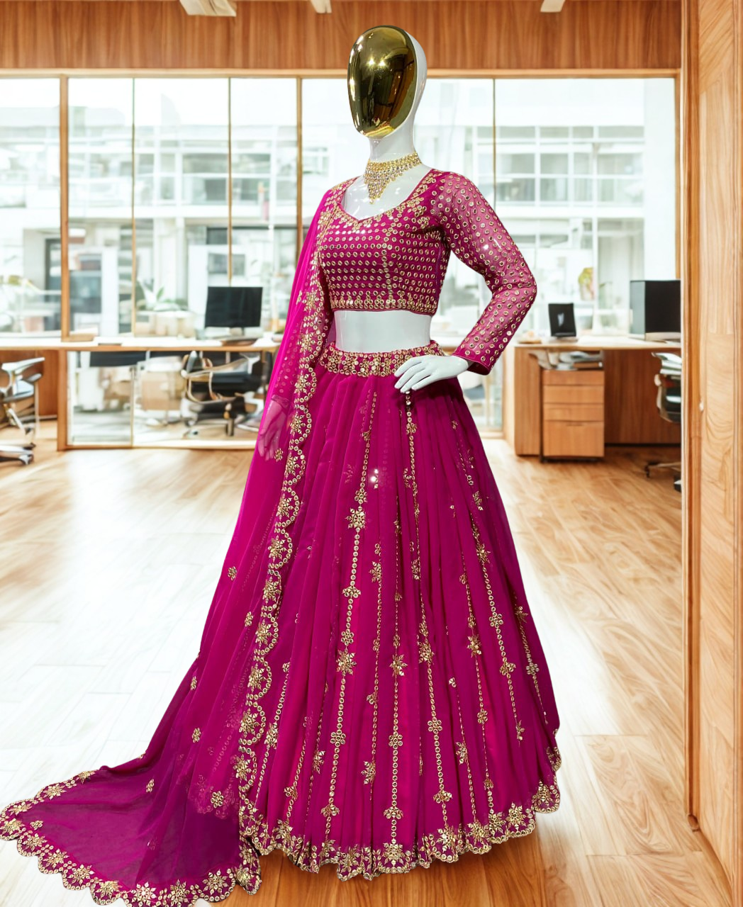 Fully Stitched Royal Pink Georgette Sequin Lehenga Choli