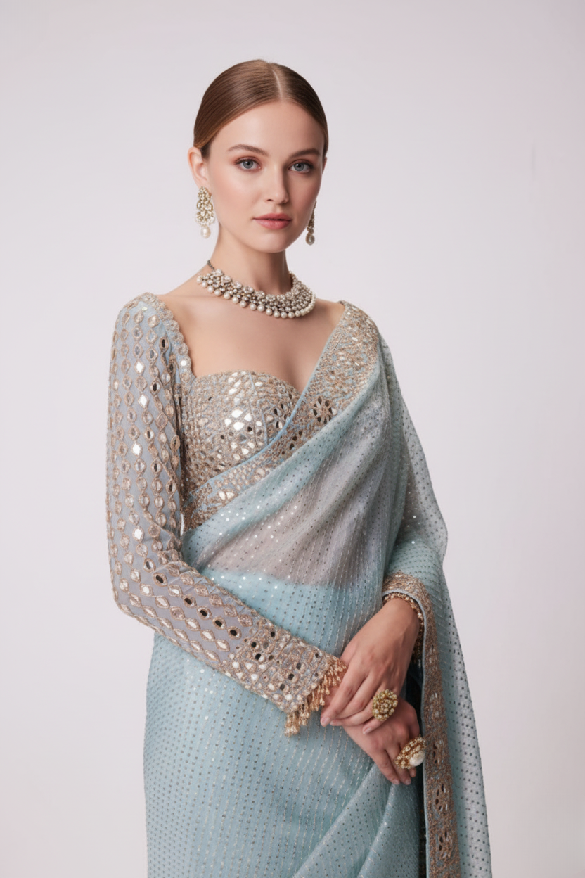 Premium Heavy Embroidered Georgette Saree with Original Mirror Handwork