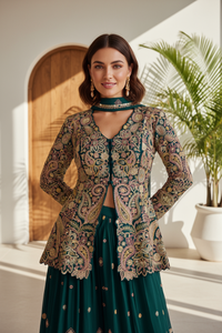 Premium Chinon Silk Embriodered Peplum Top & Palazzo Ensemble with Dupatta