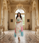 Reshmi Organza Kurti Set with Floral Print & Lace