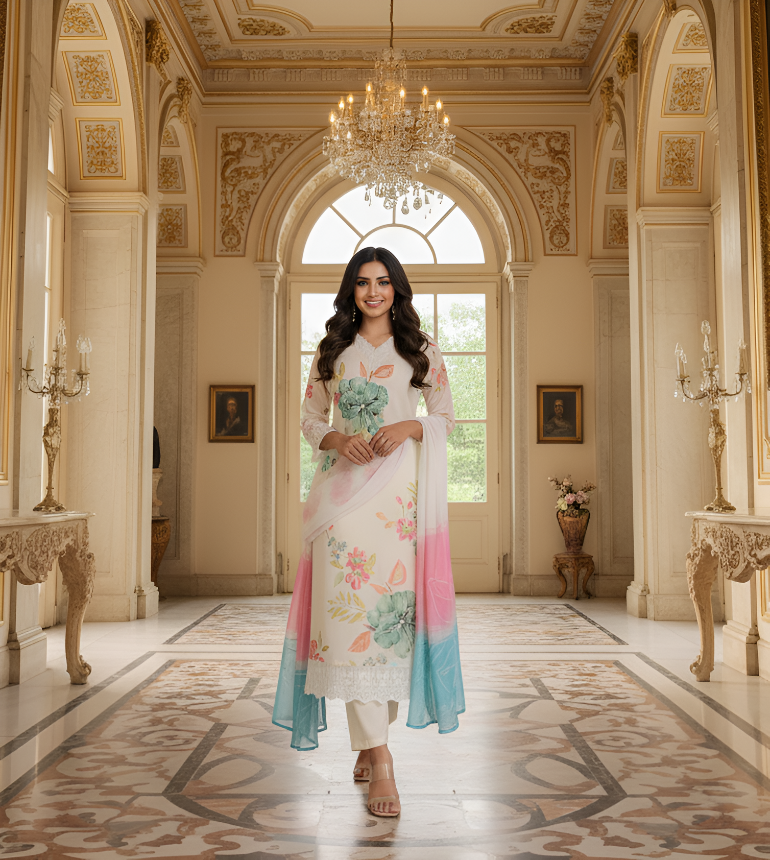 Reshmi Organza Kurti Set with Floral Print & Lace