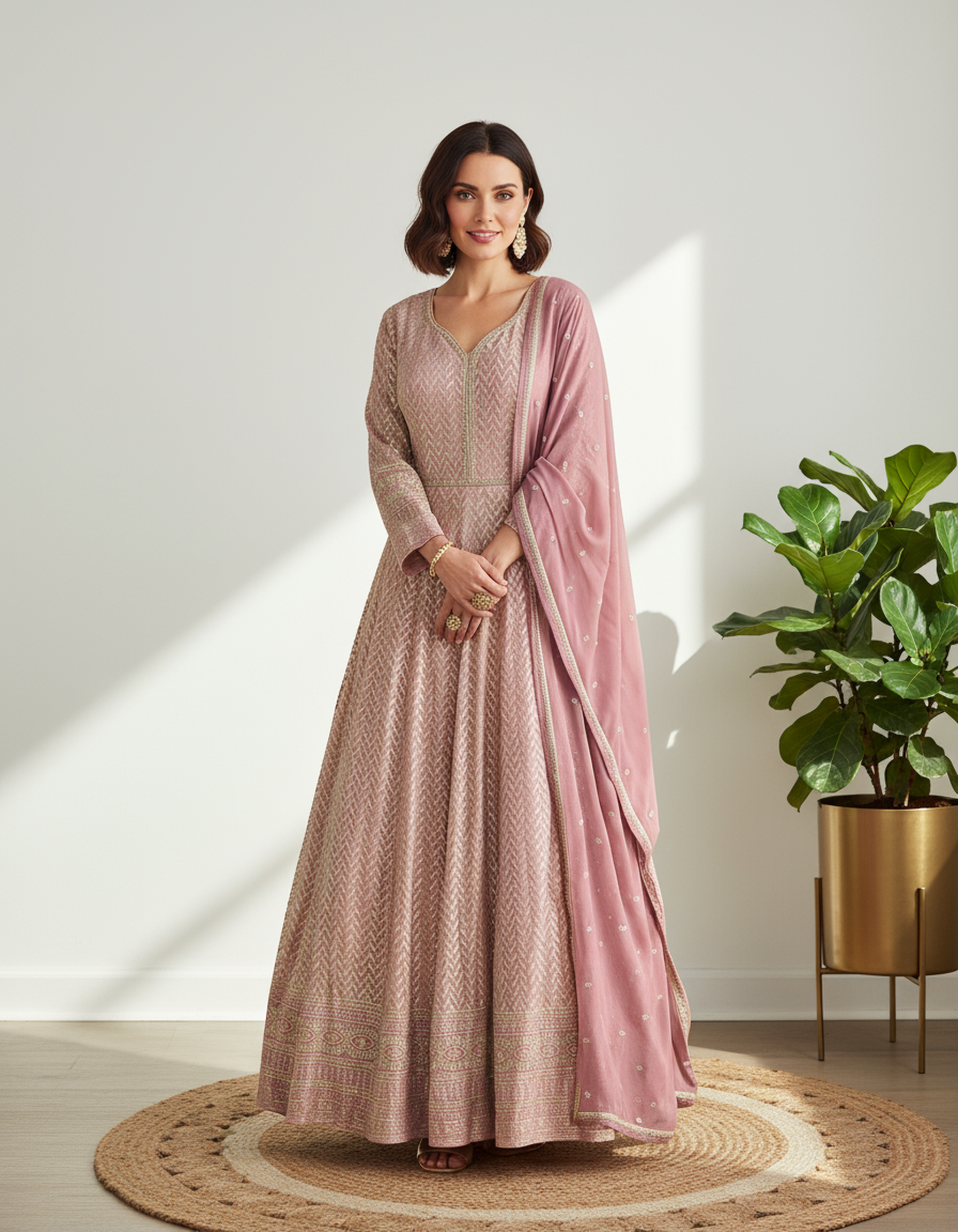 Blush Pink Georgette Gown with Heavy Crystal & Zarkan Embroidery