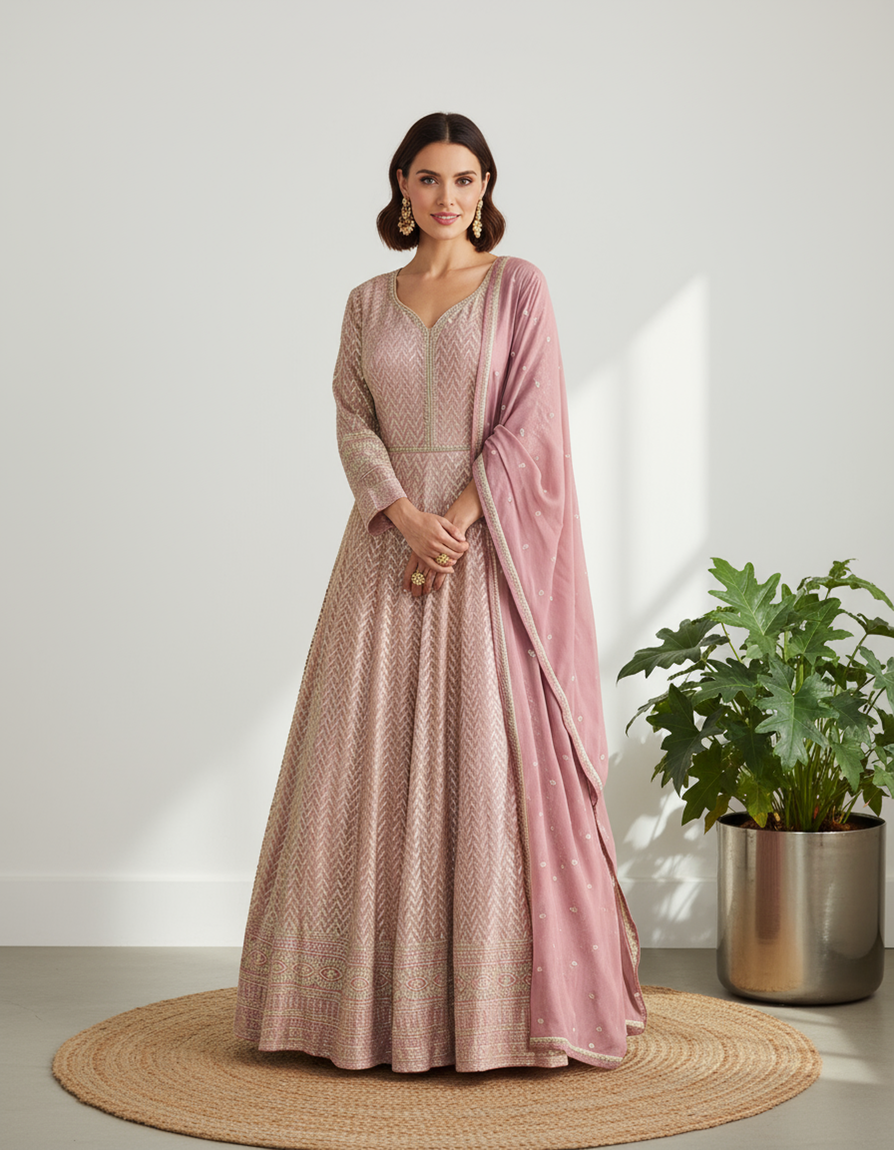 Blush Pink Georgette Gown with Heavy Crystal & Zarkan Embroidery