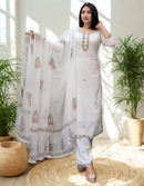 White Georgette Embroidered Kurti Set with Floral Organza Dupatta