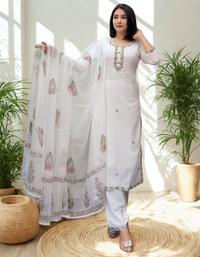 White Georgette Embroidered Kurti Set with Floral Organza Dupatta