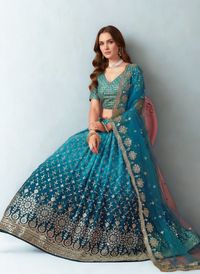 Heavy Embroidered Premium Georgette Ready-to-Wear Lehenga in Teal Blue