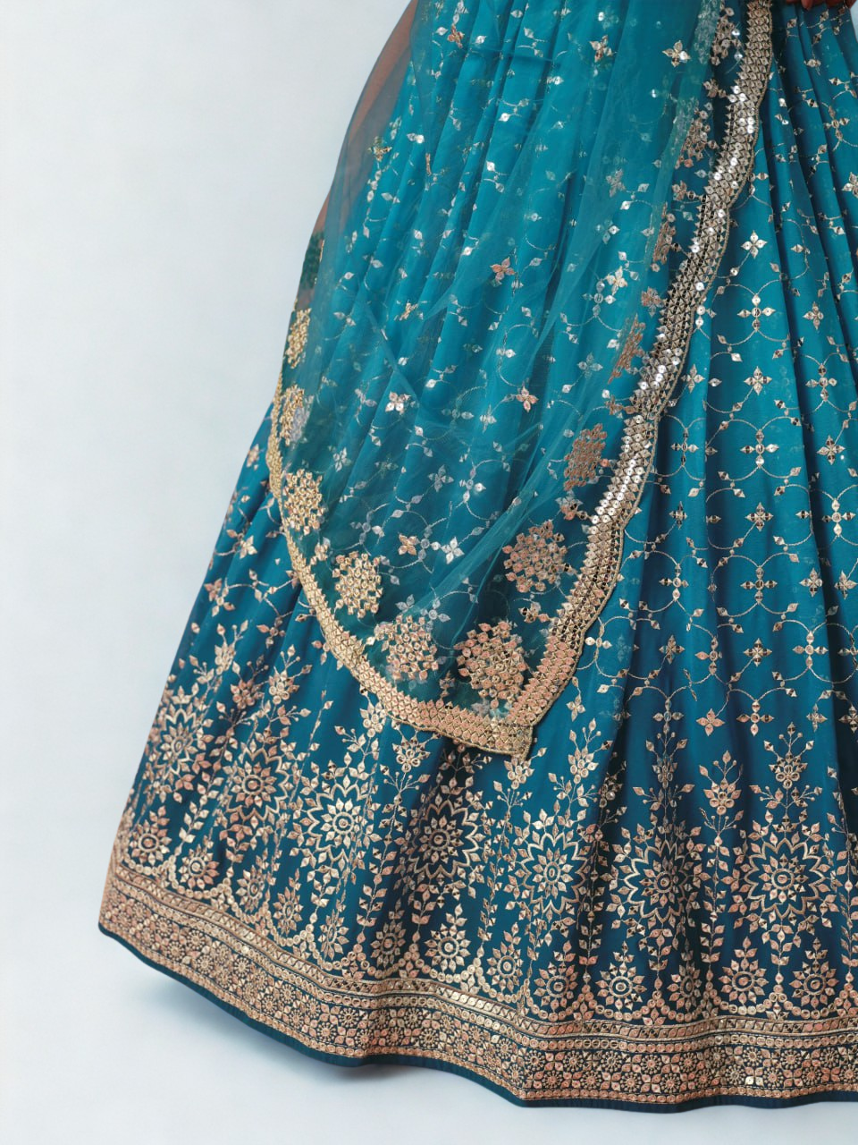 Heavy Embroidered Premium Georgette Ready-to-Wear Lehenga in Teal Blue