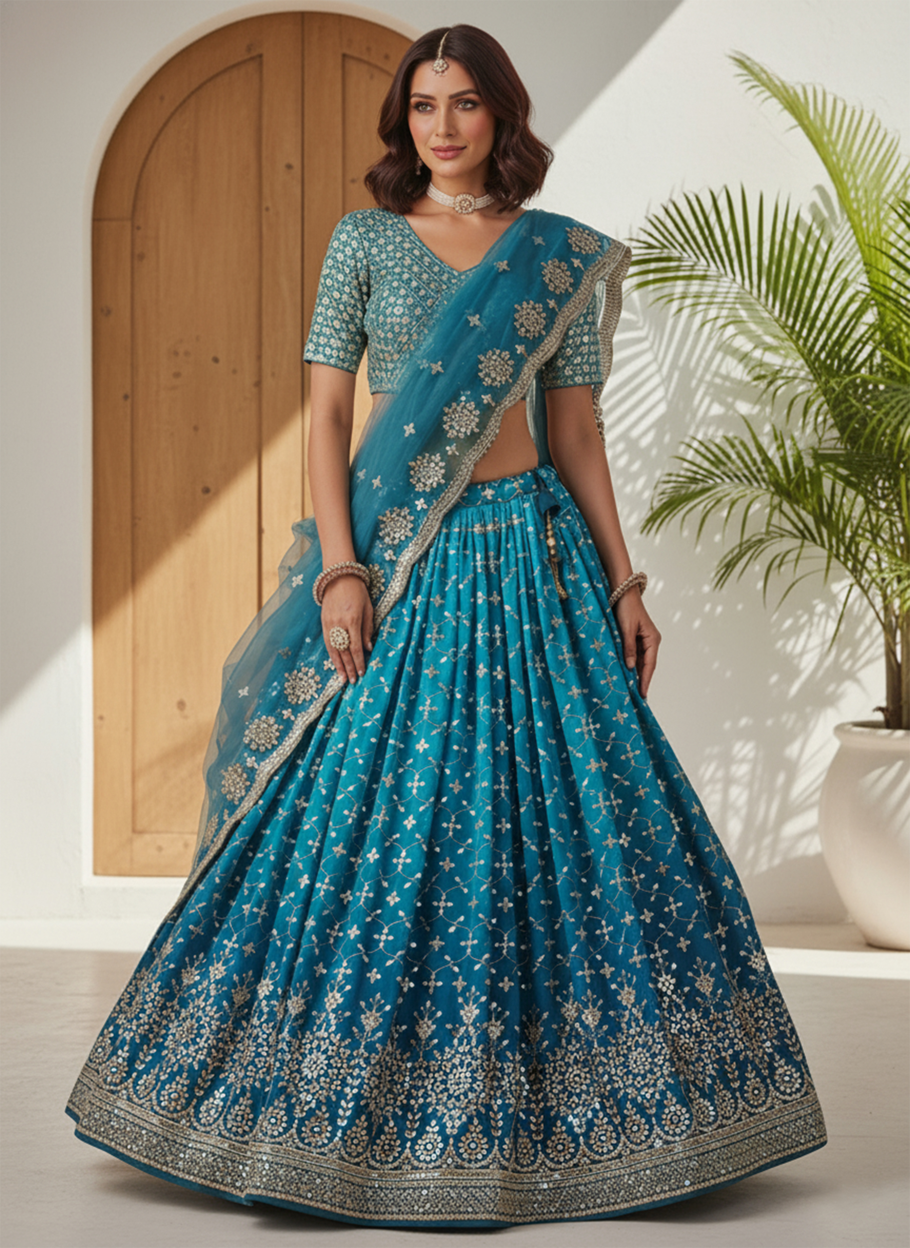 Heavy Embroidered Premium Georgette Ready-to-Wear Lehenga in Teal Blue