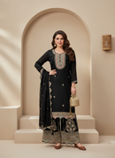Premium Chinon Heavy Embroidered Sharara Set in Black