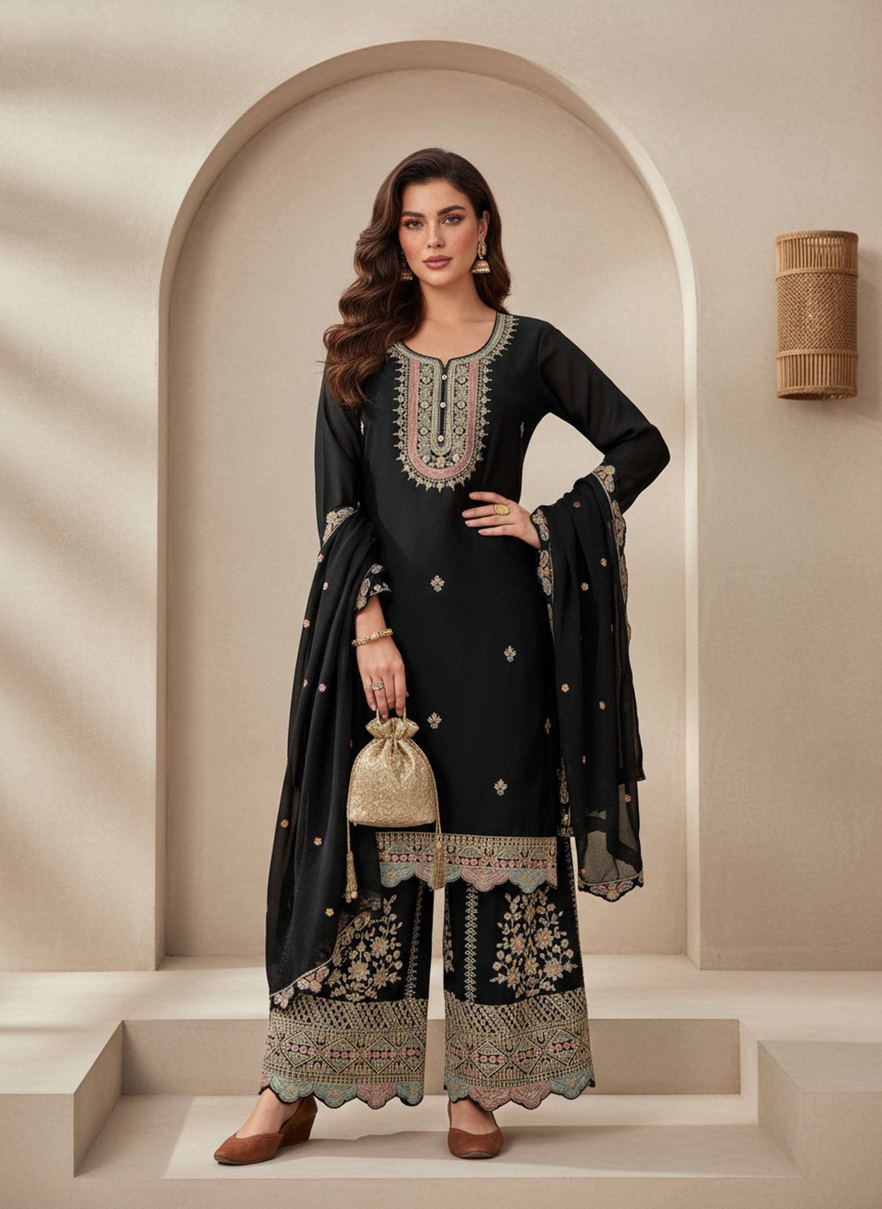 Premium Chinon Heavy Embroidered Sharara Set in Black