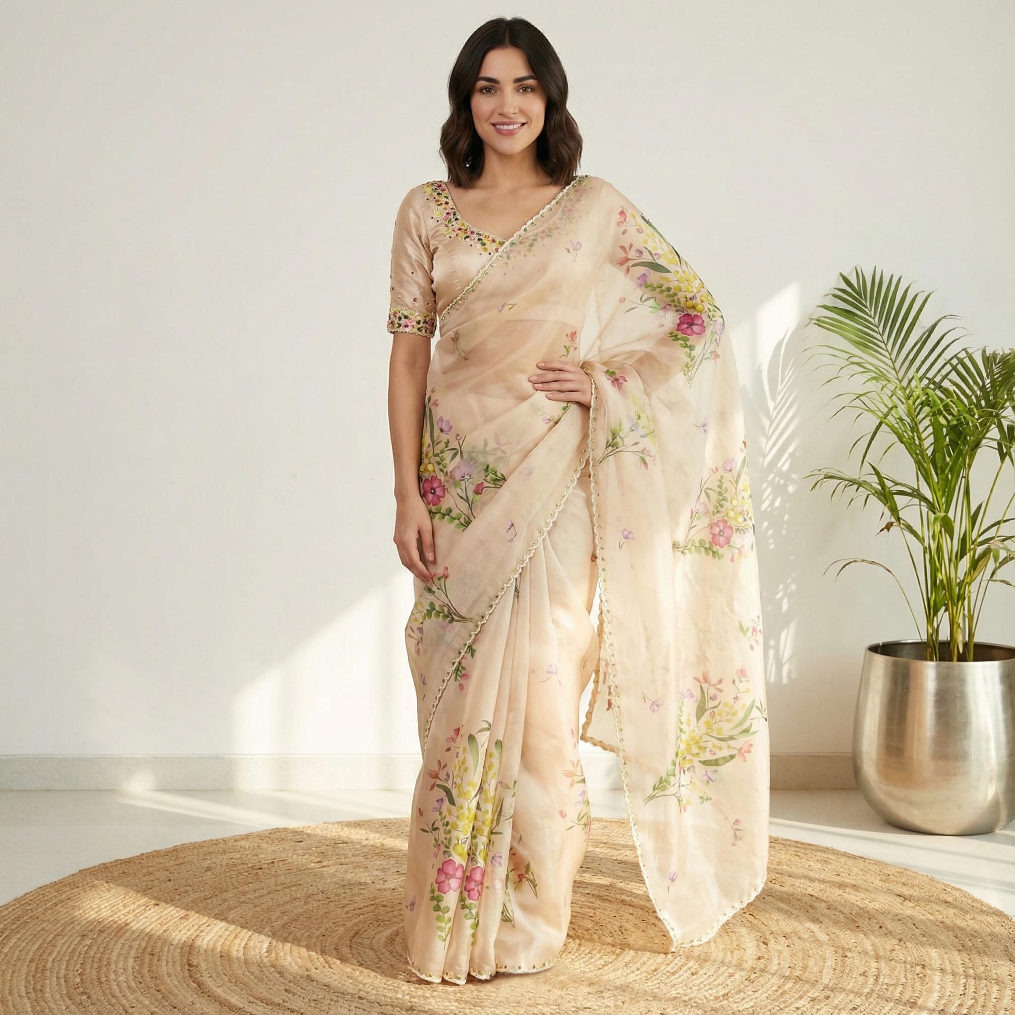 Floral Printed Tebby Silk Saree with beads, sequins &katdana handwork in border