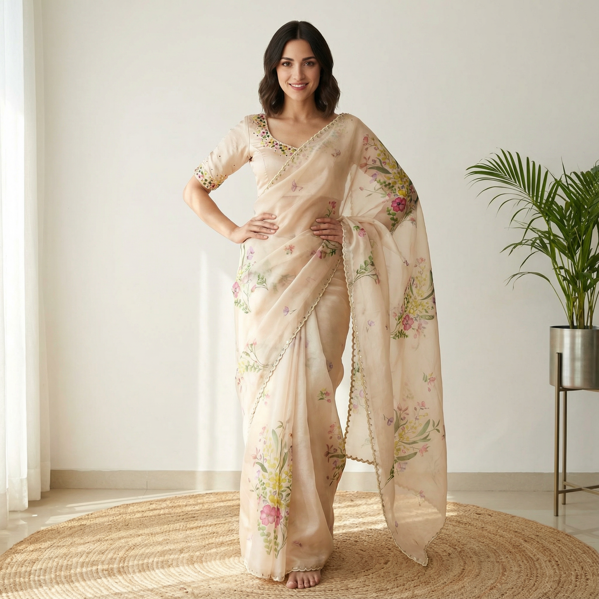 Floral Printed Tebby Silk Saree with beads, sequins &katdana handwork in border