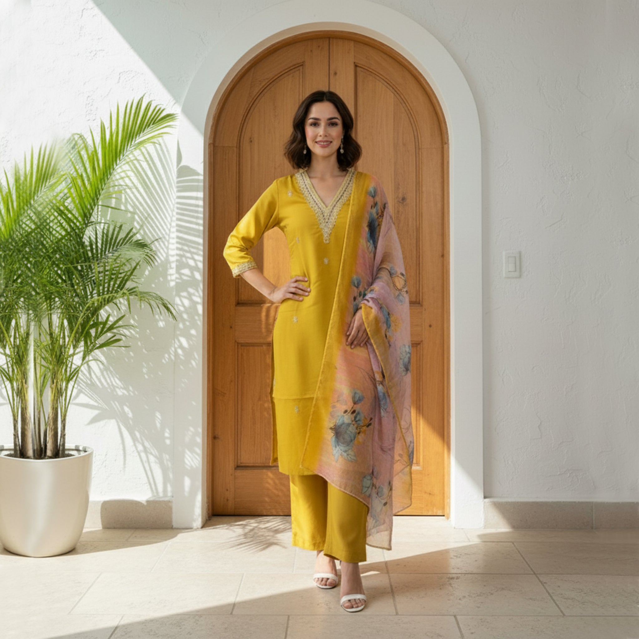 Roman Silk Kurti Set with Floral Chanderi Dupatta