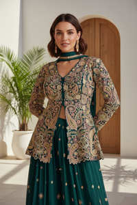 Premium Chinon Silk Embriodered Peplum Top & Palazzo Ensemble with Dupatta