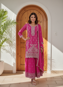 Royal Pink Embroidered Chinon Silk Palazzo Set
