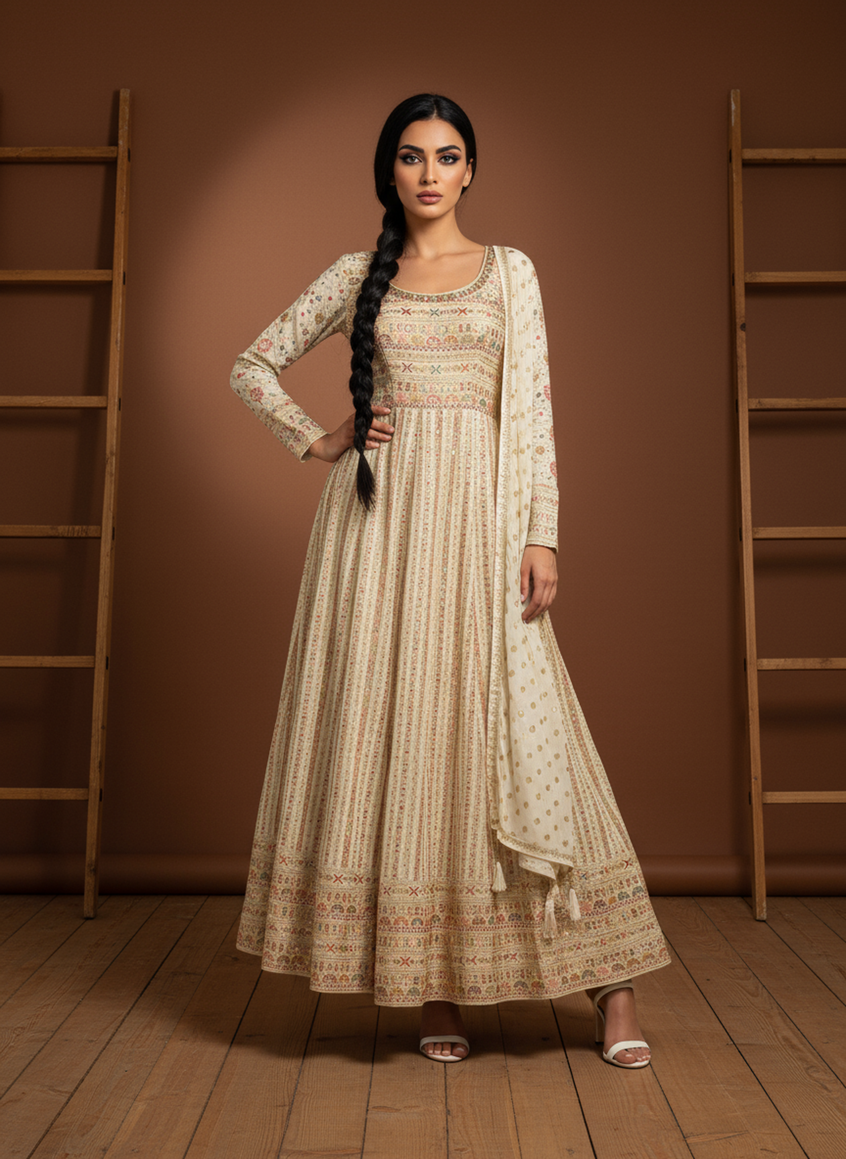 Premium Ivory Georgette Gown with Zarkan & Pastel Work