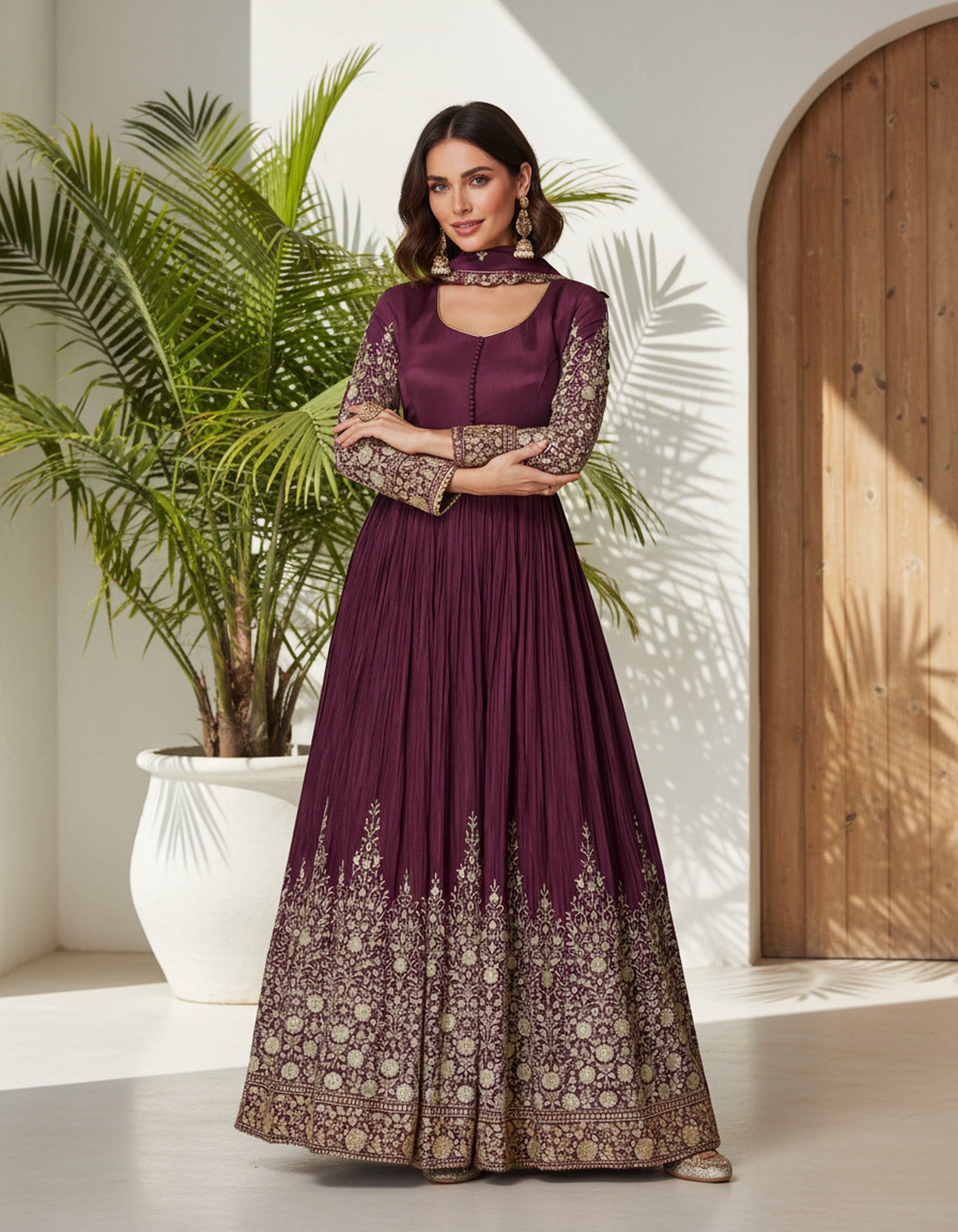 Premium Chinon Silk Maharani Gown with Gold Embroidery