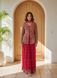 Premium Chinon Silk Embriodered Peplum Top & Palazzo Ensemble with Dupatta