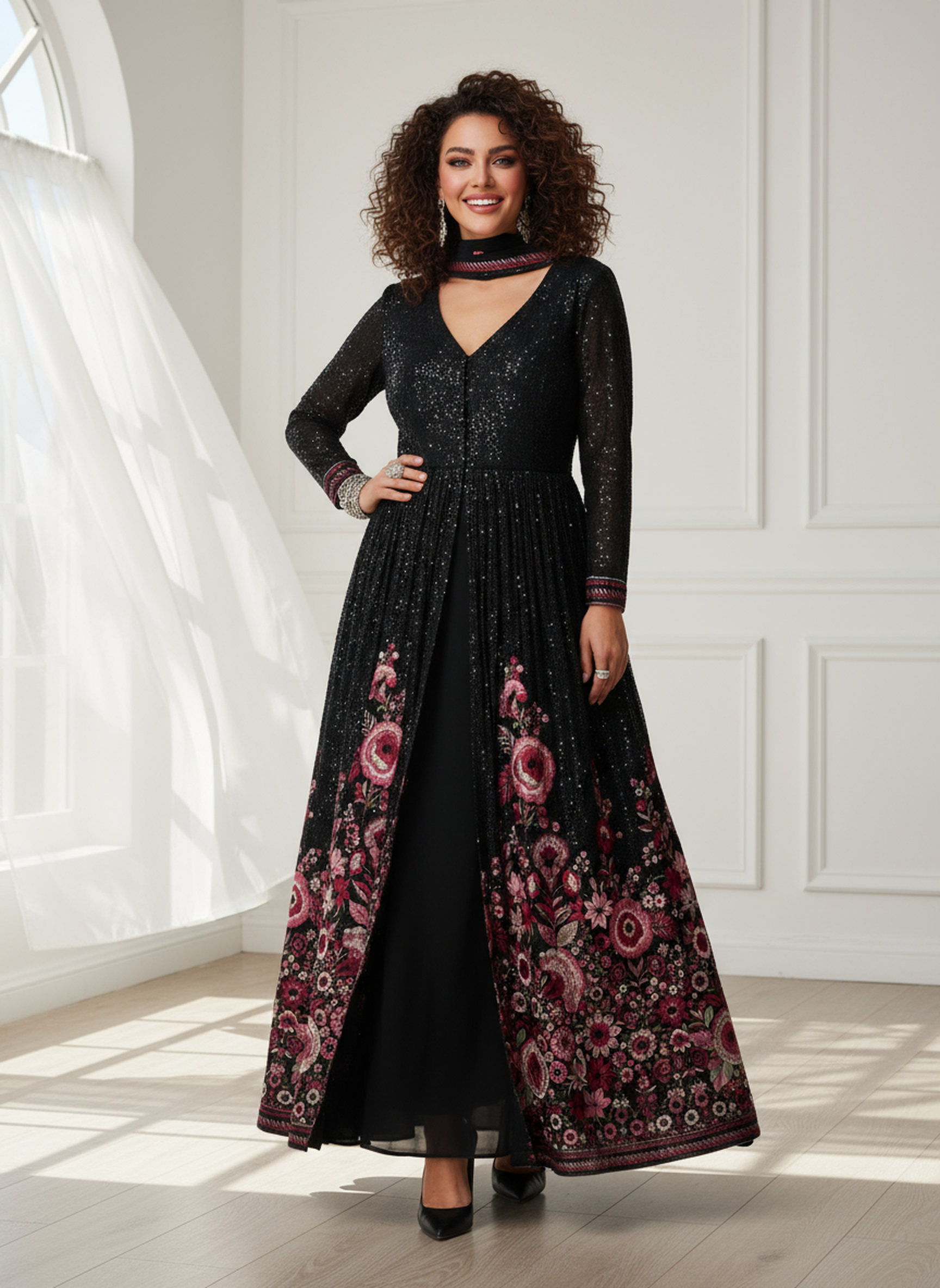 Premium Georgette Black Designer Gown with Heavy Floral Embroidery