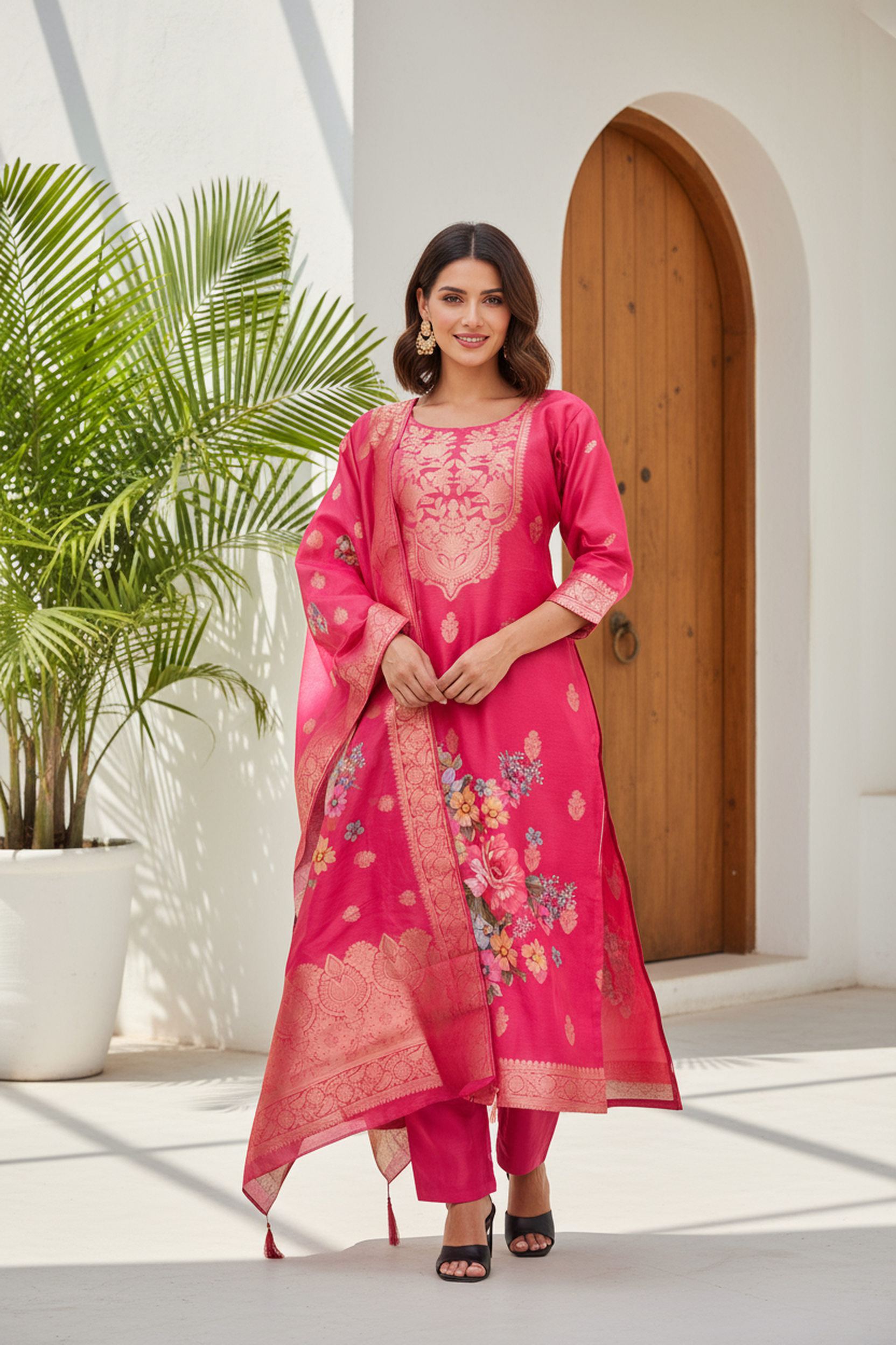 Elegant Viscose Kurti Set with Beautiful Flower Print and Golden Zari Design