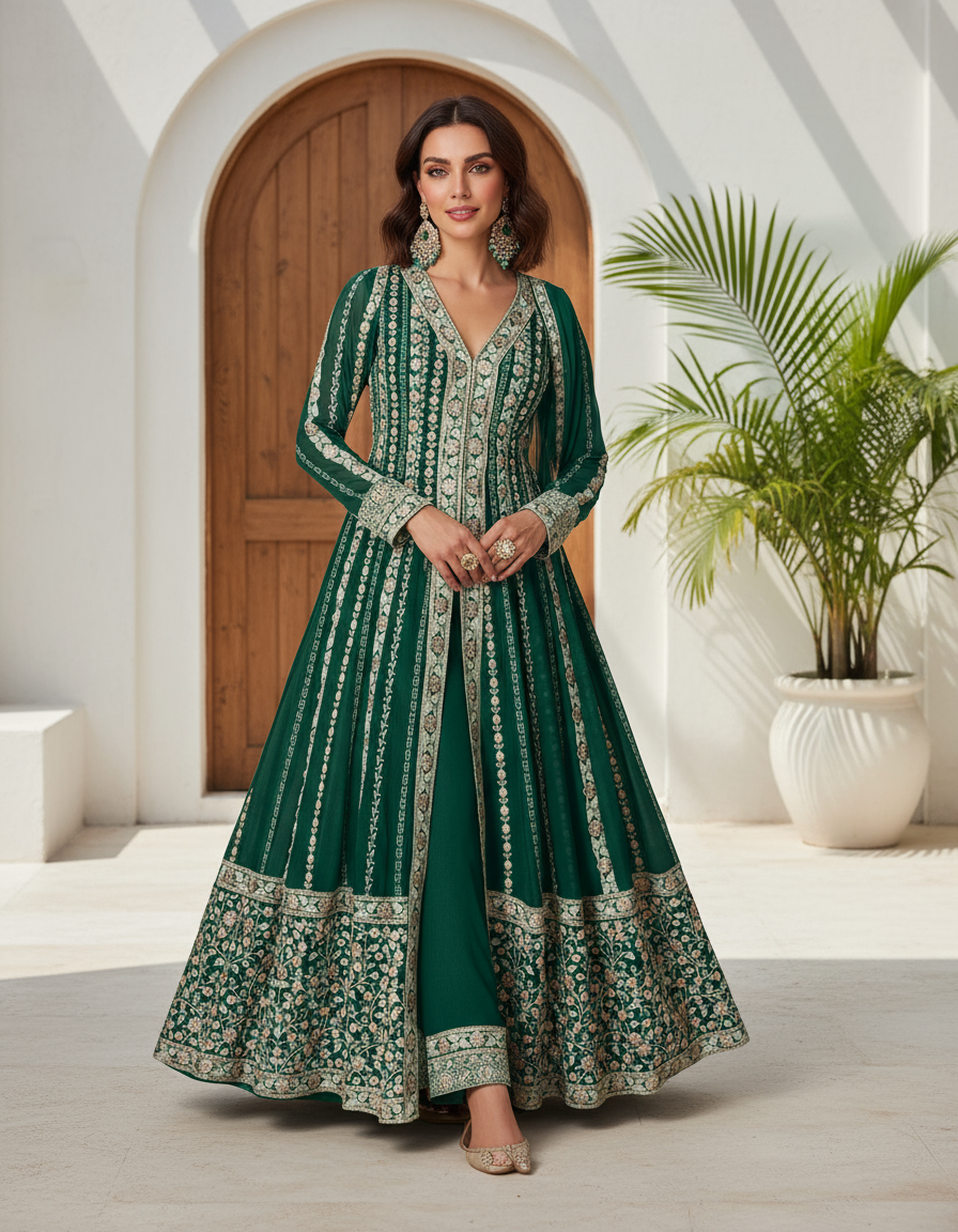 Forest Green Heavy Embroidered Chinon Silk Gown with Pants