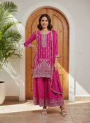 Royal Pink Embroidered Chinon Silk Palazzo Set