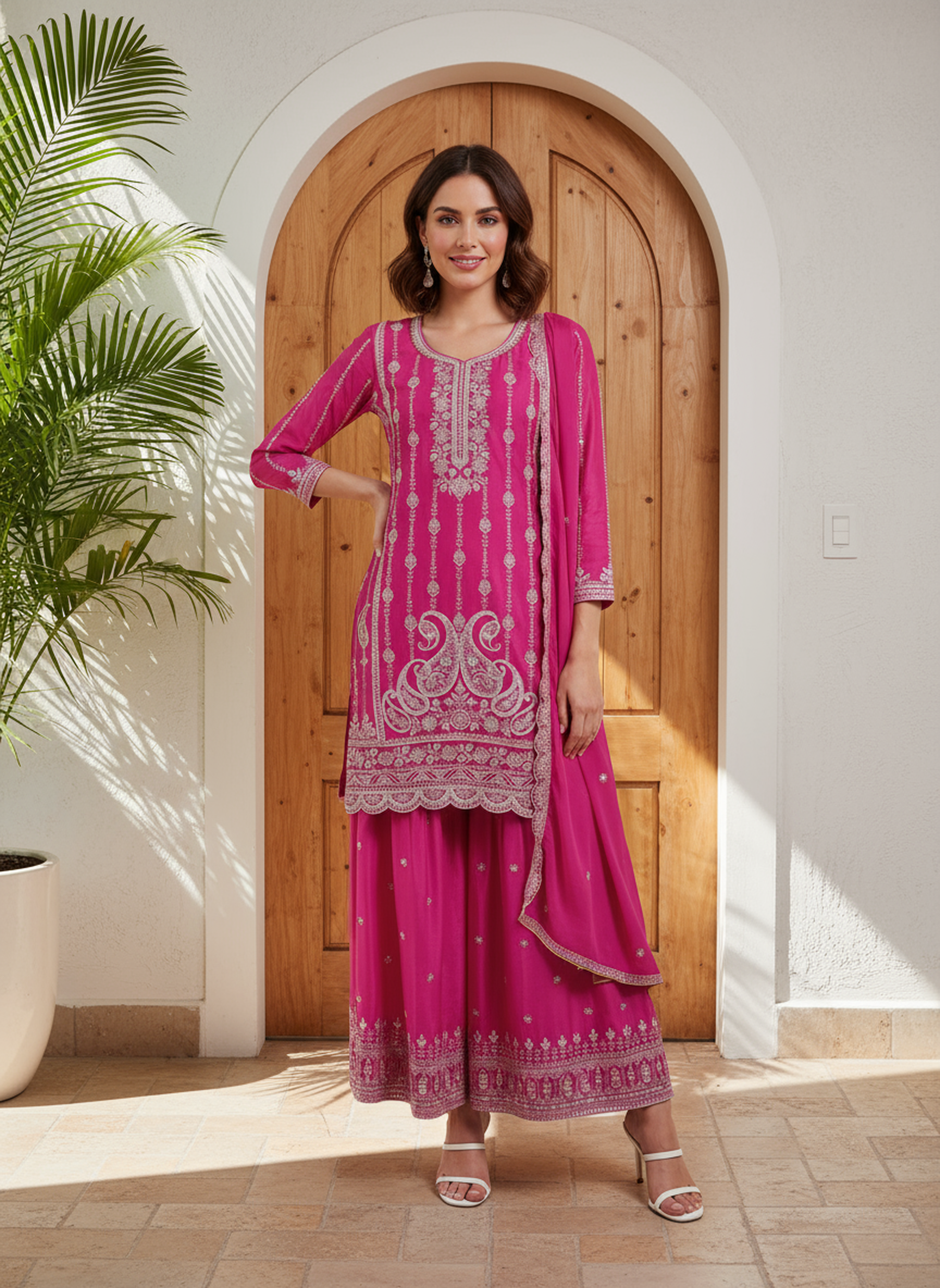 Royal Pink Embroidered Chinon Silk Palazzo Set