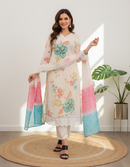 Reshmi Organza Kurti Set with Floral Print & Lace