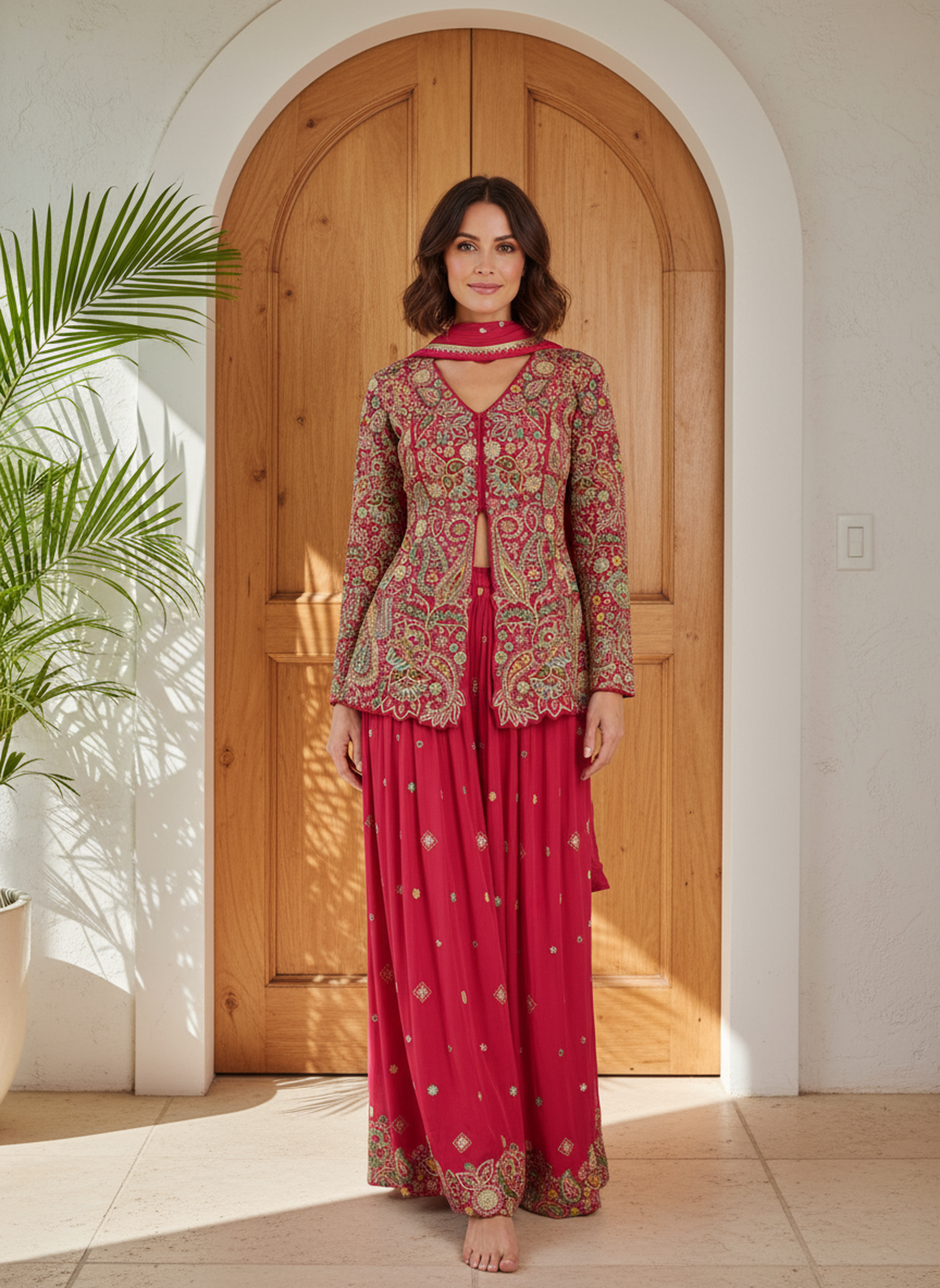 Premium Chinon Silk Embriodered Peplum Top & Palazzo Ensemble with Dupatta