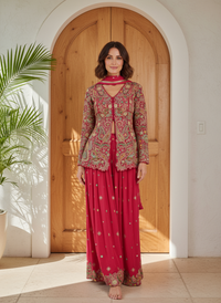 Premium Chinon Silk Embriodered Peplum Top & Palazzo Ensemble with Dupatta