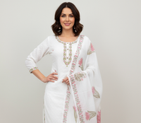 White Georgette Embroidered Kurti Set with Floral Organza Dupatta