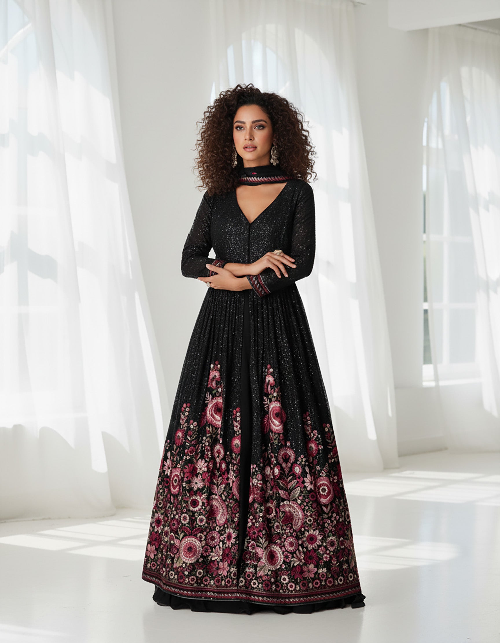 Premium Georgette Black Designer Gown with Heavy Floral Embroidery