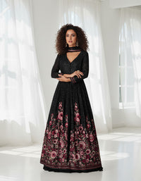 Premium Georgette Black Designer Gown with Heavy Floral Embroidery