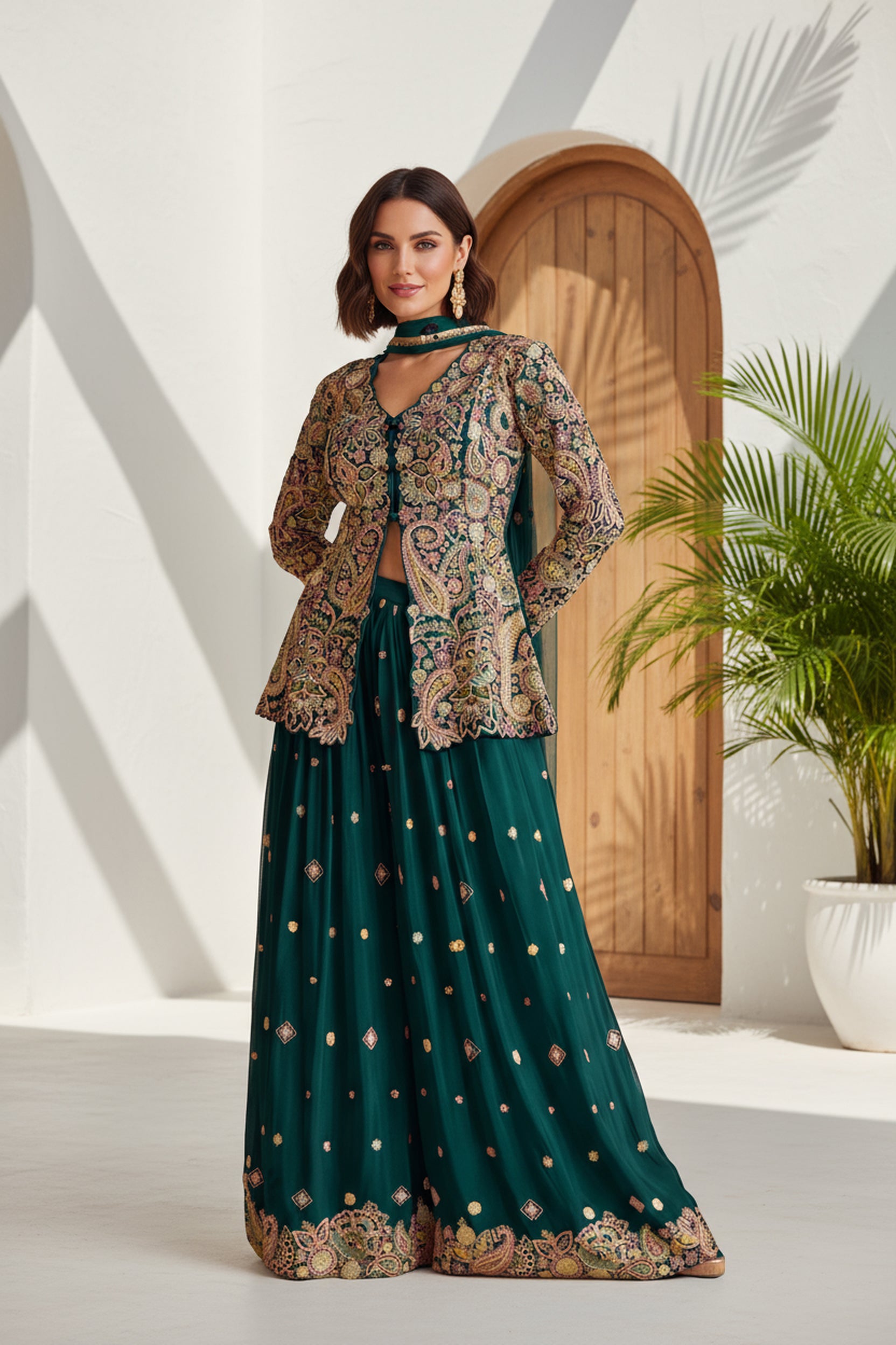 Premium Chinon Silk Embriodered Peplum Top & Palazzo Ensemble with Dupatta