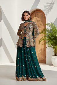 Premium Chinon Silk Embriodered Peplum Top & Palazzo Ensemble with Dupatta