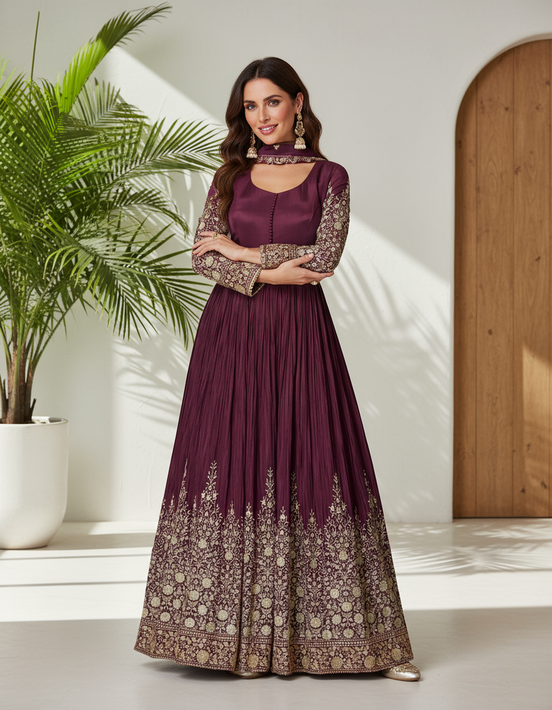 Premium Chinon Silk Maharani Gown with Gold Embroidery