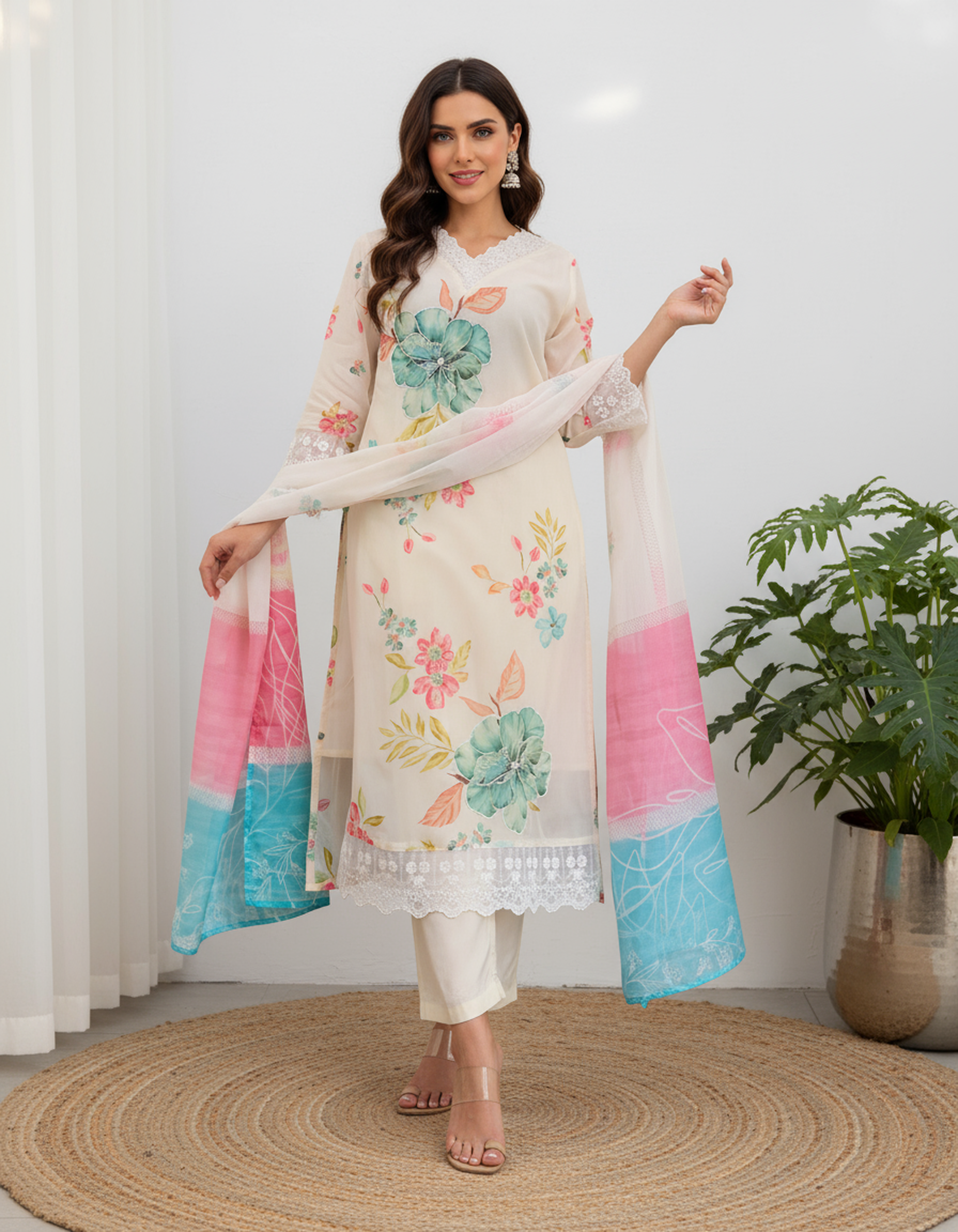 Reshmi Organza Kurti Set with Floral Print & Lace