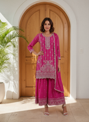 Royal Pink Embroidered Chinon Silk Palazzo Set
