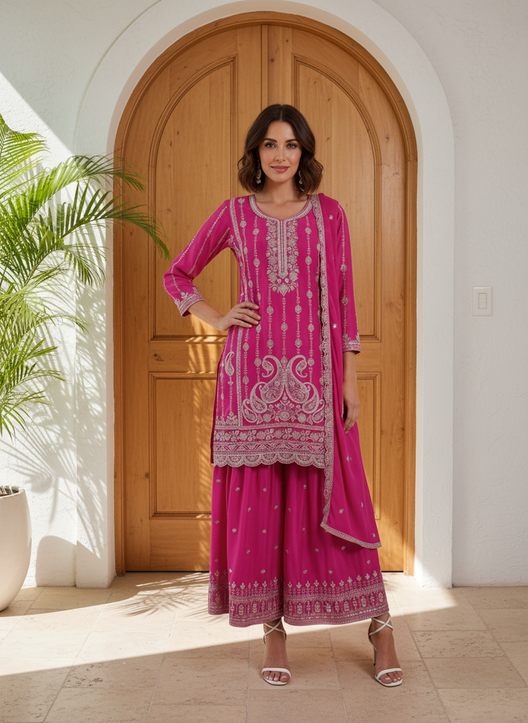 Royal Pink Embroidered Chinon Silk Palazzo Set