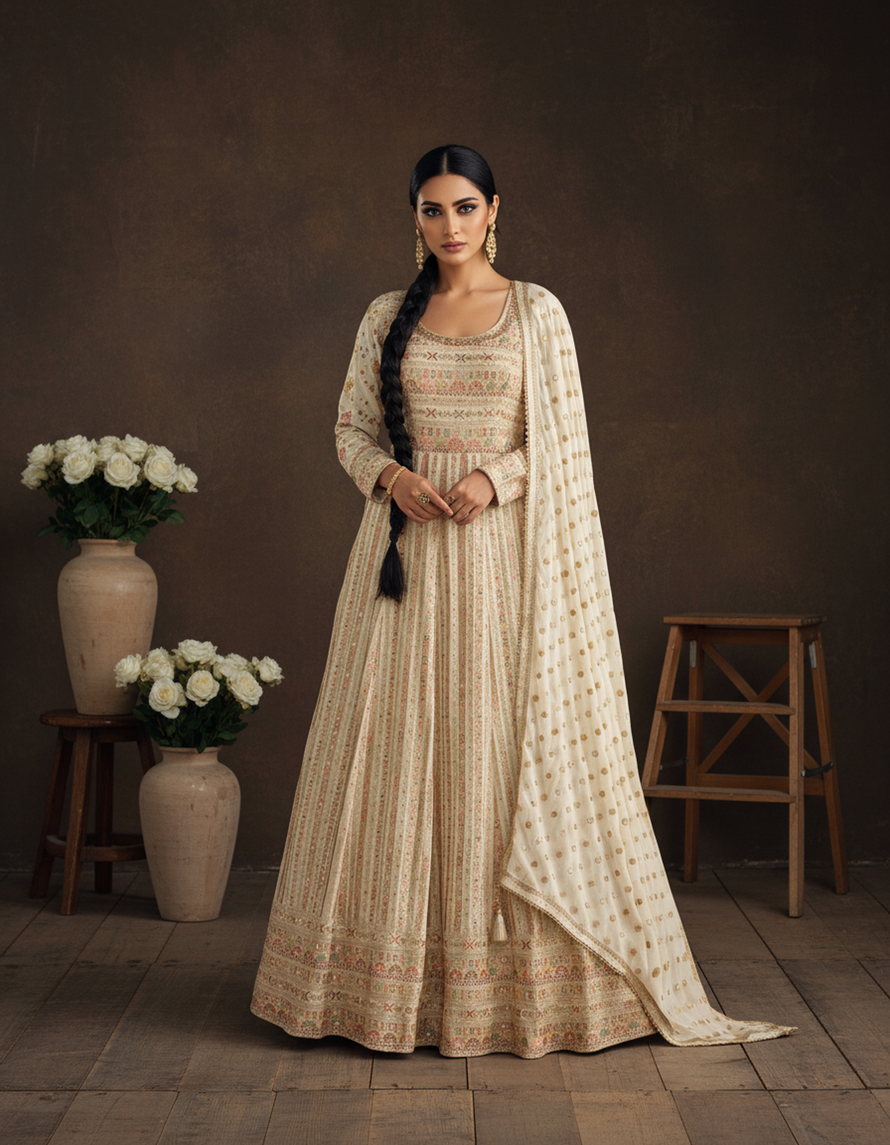 Premium Ivory Georgette Gown with Zarkan & Pastel Work