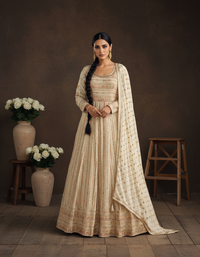 Premium Ivory Georgette Gown with Zarkan & Pastel Work