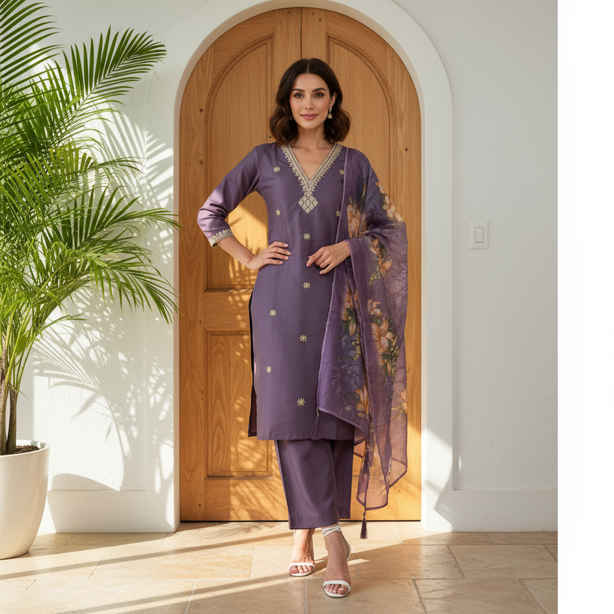 Roman Silk Kurti Set with Floral Chanderi Dupatta