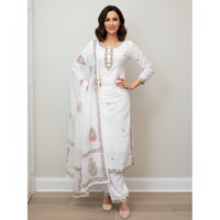 White Georgette Embroidered Kurti Set with Floral Organza Dupatta