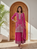 Royal Pink Embroidered Chinon Silk Palazzo Set