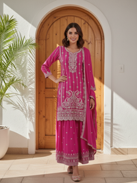 Royal Pink Embroidered Chinon Silk Palazzo Set